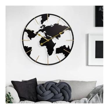 Imagem de Relógio de parede com mapa do mundo, relógio de quartzo silencioso minimalista de metal redondo de 61 cm com bateria para sala de estar, decoração de casa, vintage, industrial, dourado, decoração de