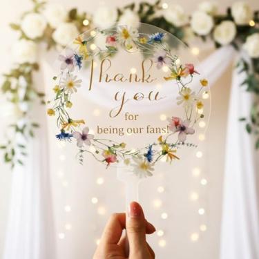 Imagem de Kathfly 50 peças de fãs de casamento para convidados a granel plástico transparente redondo decorativo ventiladores com alça Obrigado por ser nosso fã, presente para cerimônia, decoração de festa de