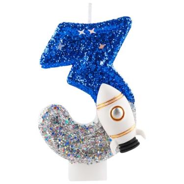 Imagem de Vela de aniversário de 3 anos, foguete espacial, número 3 velas, azul, prata, enfeite de bolo, decoração de feliz aniversário, para meninas, meninos, artigos de festa de aniversário