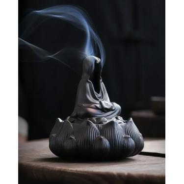 Imagem de TEAVOR Queimador de incenso de cerâmica para cone e bobina, estátua de Buda sem rosto para proteção, meditação e energia positiva, decoração de casa para afastar a negatividade