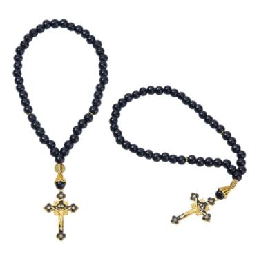 Imagem de DICOSMETIC 2 peças rosário espelho retrovisor amuleto madeira preta contas católicas rosário para carro 27,5 cm cruz medalha acessórios pendurados para carro carro retrovisor veículo espelho decoração