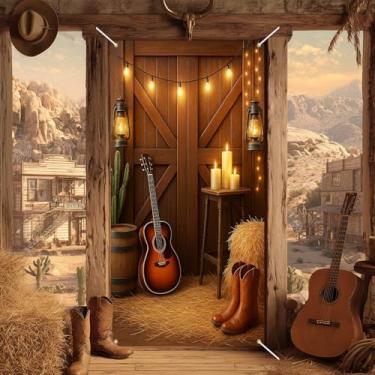 Imagem de BlissYard Capa de porta de caubói ocidental pano de fundo rústico para porta de celeiro 188 x 89 cm com tema country ocidental cenário de cabine de fotos para festas de aniversário e eventos decoração