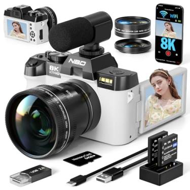 Imagem de Câmeras digitais 8K para fotografia 64MP - foco automático com zoom de 16X, WiFi, tela flip de 180° com lente grande-angular e macro, câmera de vlogging para viagens no YouTube com cartão TF de 64 GB