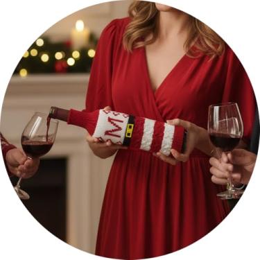 Imagem de Capa de garrafa de vinho, decoração de mesa de Natal divertida para festas de fim de ano, manga de vinho de malha para troca de presentes, decoração de casa