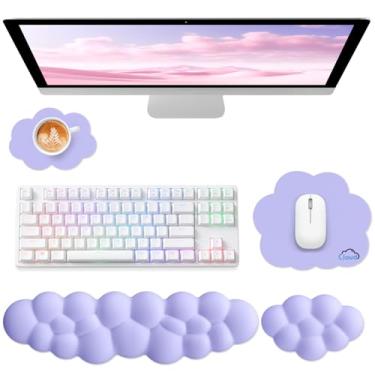 Imagem de Sushret Cloud Apoio de Pulso para Teclado de Computador, Conjunto 4 em 1 com Espuma de Memória e Couro, Mouse Pad com Suporte Ergonômico para Braço e Palma, Ideal para Jogos e Trabalho