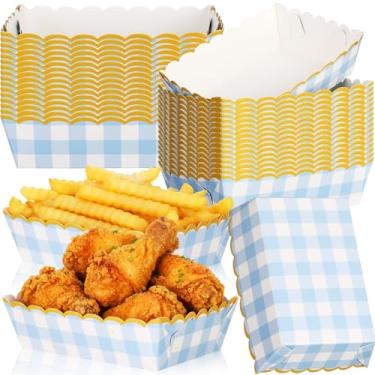 Imagem de Dunzoom Pacote com 50 bandejas de comida de papel guingão, pratos de bolinhas xadrez azuis, barcos de comida descartáveis para lanches, cachorro-quente, carnaval alemão, chá de bebê, piquenique