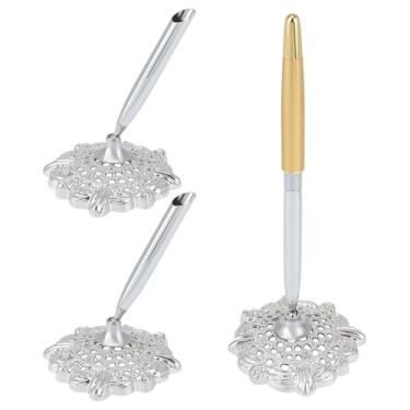 Imagem de WADORN 2 peças de suporte de caneta redondo oco (caneta não incluída), canetas esferográficas de mesa de metal de inserção circular base para casamento, noivado, aniversário, formatura, livro de