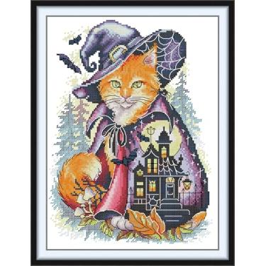 Imagem de CrossNest Kit de ponto cruz com contagem de animais de 14 quilates para iniciantes, conjunto completo de bordado DIY não impresso com padrão e ferramentas, pano Aida premium e linhas (castelo de gato)