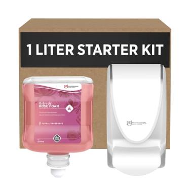 Imagem de SC Johnson Professional Kit inicial de dispensador e refil de espuma rosa, dispensador de sabão de parede para sabonete para as mãos, 1 sabonete líquido de espuma azul atualizada, cartucho de 1 litro