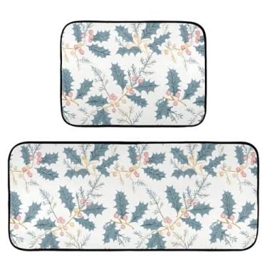 Imagem de Wassud Tapetes de cozinha de Natal, folhas de azevinho, tapetes de cozinha, decoração de casa, acolchoados, antifadiga, tapetes de banho para pia, lavanderia, escritório, conjunto de 2