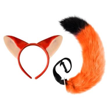 Imagem de Conjunto de fantasia de orelhas e cauda de raposa com laço floral e patch de feltro – Kit divertido de fantasia de animal para fãs de cosplay, festas, Halloween e looks inspirados em filmes, laranja