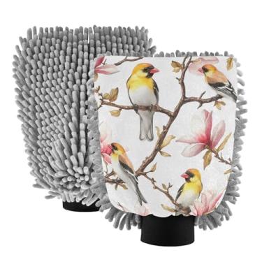 Imagem de STAYTOP Birds on Magnolia Flowers Luvas de lavagem de carro, 2 peças, luvas de microfibra de chenille, sem arranhões, panos de esponja de lavagem ultra absorventes para carros, limpeza doméstica - G