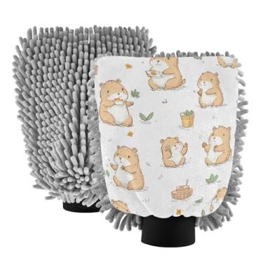 Imagem de STAYTOP Luvas fofas para lavagem de carro capivara de desenho animado, 2 peças, luvas de microfibra de chenille, sem arranhões, panos de esponja de lavagem ultra absorventes para carros, limpeza