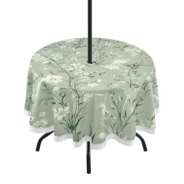 Imagem de CEBUGI Toalha de mesa redonda para uso ao ar livre, vintage, floral, impermeável, com furo Umberlla, capa de mesa lavável para pátio, cozinha, sala de jantar, 152 cm