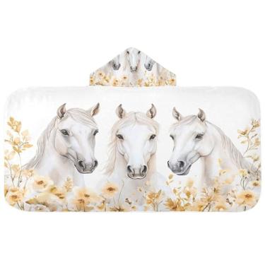 Imagem de Burbuja Toalha de banho com capuz flores cavalos brancos para crianças, toalha de praia de pelúcia macia absorvente para chá de meninas e meninos 3-10 anos, 61 x 127 cm