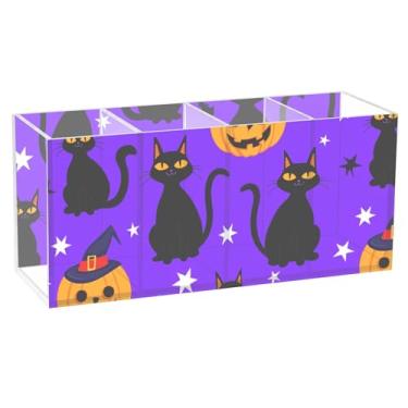 Imagem de Burbuja Porta-canetas de acrílico Pumpkins Black Cats com 4 compartimentos, suporte de lápis transparente para pincéis de maquiagem fixos, acessórios de mesa de escritório em casa
