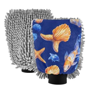 Imagem de STAYTOP Luvas de lavagem de carro de peixe e estrela do mar, 2 peças, luvas de microfibra de chenille, sem arranhões, panos de esponja de lavagem ultra absorventes para carros, limpeza doméstica - M