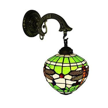 Imagem de Arandela de parede Libélula, estilo Tiffany, com vitrais, design vintage mediterrâneo, ideal para quarto, cabeceira, corredor e varanda. Potência máxima: 60W. Cor: Verde.