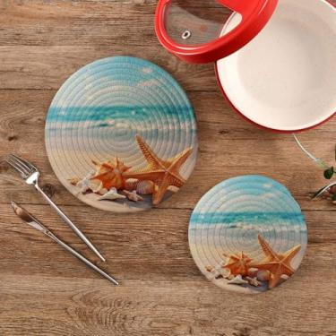 Imagem de CEBUGI Conjuntos de suportes de panela redondos de algodão para panelas quentes resistentes ao calor para cozinhar e assar, 2 peças de concha de estrela do mar