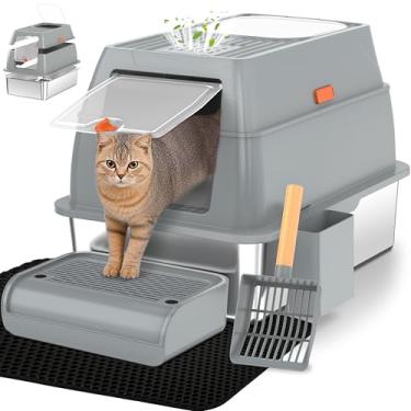 Imagem de Vivifying Caixa de areia de aço inoxidável com tampa, caixa de areia extragrande fechada com entrada frontal XL para gatos grandes e gatinhos, panela de metal removível para gatos com gabinete de alta