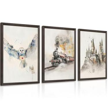 Imagem de Arte de parede para berçário mágico, castelo mágico, decoração de parede de quarto infantil, imagens de animais da floresta, trem expresso, pintura de coruja nevada, impressões de berçário, arte para