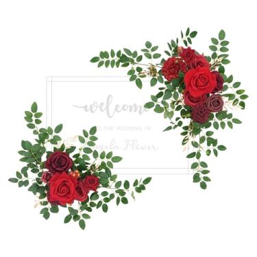 Imagem de Angela flower 2 peças borgonha e vermelho placa de boas-vindas flores artificiais casamento pano de fundo guirlanda pendurada arranjos florais para cerimônia, recepção, placa de entrada, mesa de