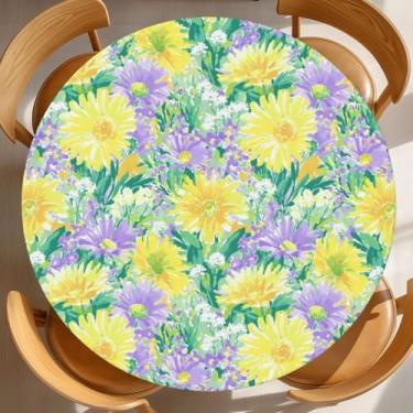 Imagem de KiuLoam Toalha de mesa redonda amarela verde roxa margaridas silvestres capa de mesa de fazenda com borda elástica lavável toalha de mesa para decoração de cozinha patry ao ar livre, serve para 114,3