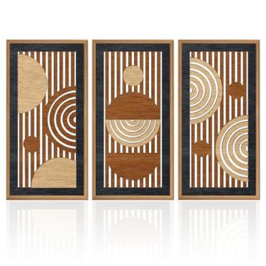 Imagem de IARTTOP Conjunto de arte de parede emoldurada de madeira geométrica com 3 decoração de parede de madeira moderna de meados do século, impressões de arte abstrata minimalista, painéis de linha
