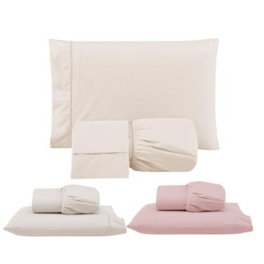 Imagem de Kit 3 Jogos de Lençol com Elástico e Fronhas Bordadas em Ponto Palito, 1 Casal Queen e 2 Solteiros, Micropercal 300 Fios, 100% Poliéster (CQS Versat (Palha/Palha/Rosê))