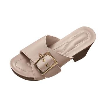 Imagem de Sandálias femininas casuais de verão com fivela e salto alto grosso para uso ao ar livre, Bege, 35