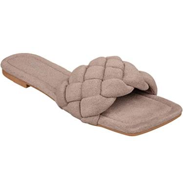 Imagem de CLOVERLAY Sandália feminina trançada, rasteira, bico quadrado, trançada, de faixa única, sem cadarço, Camurça acastanhada, 38