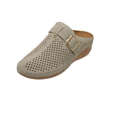 Imagem de Sandália feminina Baotou com fivela oca decorativa salto plataforma grosso design casual verão, Bege, 36