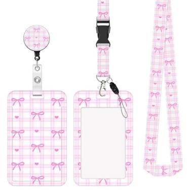 Imagem de Cordão de laço rosa com suporte de identidade, cordão de professor para crachá de identificação e chaves, cordão feminino de pescoço separado, suporte de crachá para mulheres, enfermeiras, professores