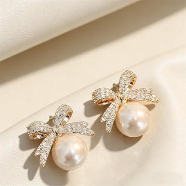 Imagem de Brincos femininos com laço dourado com diamante falso e design de pérola branca, moderno e exclusivo, mostrando seu charme feminino único, adequado para o dia a dia e qualquer ocasião.