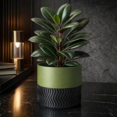 Imagem de Vaso de Plantas Moderno com Base Texturizada, Verde e Preto, Design Ondulado, Decoração de Interiores