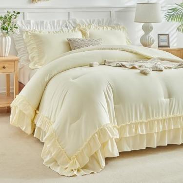 Imagem de Conjunto de edredom King com babados amarelos, 3 peças, vintage, estilo fazenda, chique, cor sólida, leve, macio, macio, para todas as estações (1 edredom com babados + 2 fronhas)