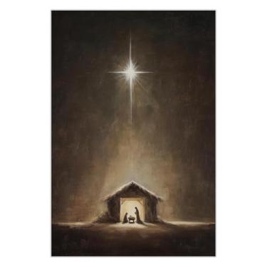 Imagem de NAVIWEEK Pôster de manjedoura de Natal estilo vintage Estrela de Belém Estábulo com Sagrada Família Arte de parede em tela Baby Jesus Nativity Prints Pintura para casa quarto dormitório decoração de