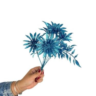 Imagem de Flor Artificial Folha Árvore De Natal Glitter Decoração De Ano Novo, BUQUE FLOR GLITTER(1,Azul)