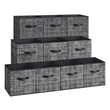 Imagem de SONGMICS Cubos de armazenamento, caixas de tecido não tecido de 33 cm com alças duplas, conjunto de 10, organizadores de armário para prateleiras, dobrável, para roupas, tinta preta UROB133B01