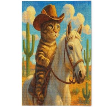 Imagem de Quebra-cabeça engraçado gato cowboy cavalo 500 peças adultos, família elefantes brancos presentes natureza quebra-cabeças adultos desenho animado animal arte, 500 peças, 52 cm x 37,8 cm