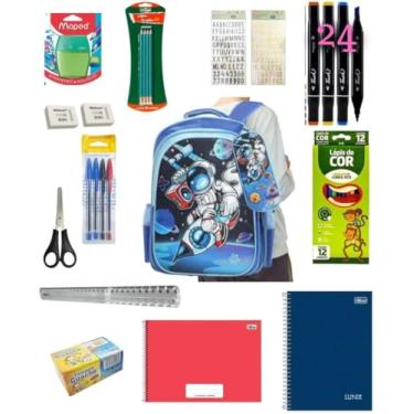 Imagem de Kit Escolar Infantil Astronauta Completo com Mochila 5 Divisórias Material Fundamental Menino