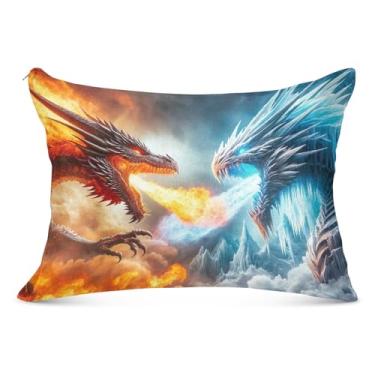 Imagem de Capa de almofada decorativa de desenho animado dragão animal azul vermelho com zíper impressão de arte King Queen tamanho padrão fronhas decoração de cama para casa, tamanho padrão, 51 x 66 cm