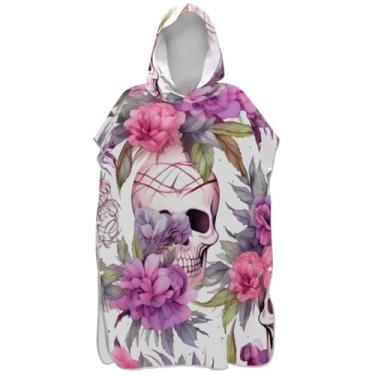 Imagem de Joisal Poncho de surfe plus size para adultos trocador com capuz toalha de natação engraçado caveira flor branca homens mulheres poncho com capuz