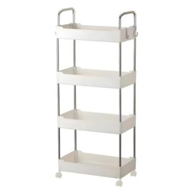 Imagem de Prateleira Multiuso 4 Andares com Rodinha, Branca, Plástico PP e Aço Inox, 89x22x40cm, Kit com 2 Unidades