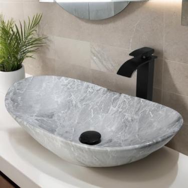 Imagem de Zoyueyu Pia de vaso de cerâmica 61 cm x 35 cm com torneira e ralo pop-up combo oval mármore pia vaso de banheiro pia acima do balcão arte pia tigela porcelana