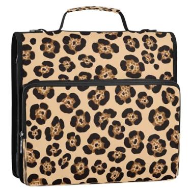 Imagem de Bolsa organizadora de fichário com zíper bege e manchas de leopardo preto caramelo com alça de ombro, 3 anéis de 3,8 cm, capa portfólio de anel D comporta 500 folhas para escola, escritório, viagens