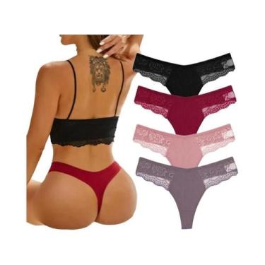Imagem de Calcinhas De Renda De Algodão Femininas 4PCS, Tangas Sexy, Lingerie, T