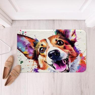 Imagem de Erosebridal Tapete de banho infantil fofo Corgi Kawaii Dog Pet Tapete de banheiro 50 x 81 cm, respingos de grafite arco-íris tapete de banheiro desenho animado Pug aquarela tapete tema animal tapete