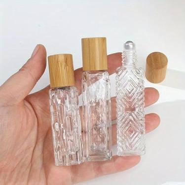 Imagem de Frasco de vidro transparente, 3 peças, tampa de grão de madeira, para óleos essenciais, roll-on, frasco de perfume recarregável, esfera rolante vazia