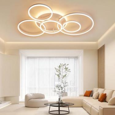 Imagem de Luminária de teto LED dimerizável com 6 anéis, 108 W, com controle remoto, ideal para sala de estar, quarto e cozinha (branca, 5+1 lâmpadas).